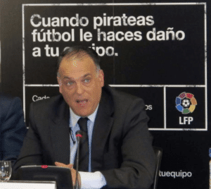 Javier Tebas en el lanzamiento de la campaña de la LFP contra la piratería en el fútbol / Agencias