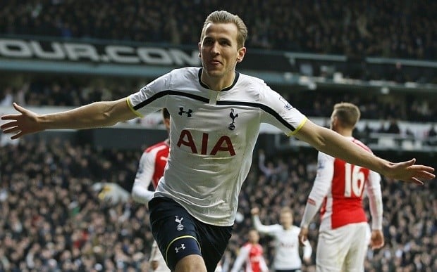 Tottenhamís Harry Kane celebrates after scoring during the English Premier League soccer match between Tottenham Hotspur and Arsenal at the White Hart Lane stadium in London, Saturday, Feb. 7, 2015. (AP Photo/Alastair Grant)