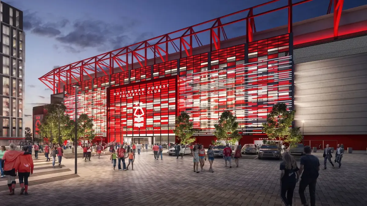 Diseño arquitectónico del nuevo estadio City Ground del Nottingham Forest con capacidad para 52.000 espectadores.