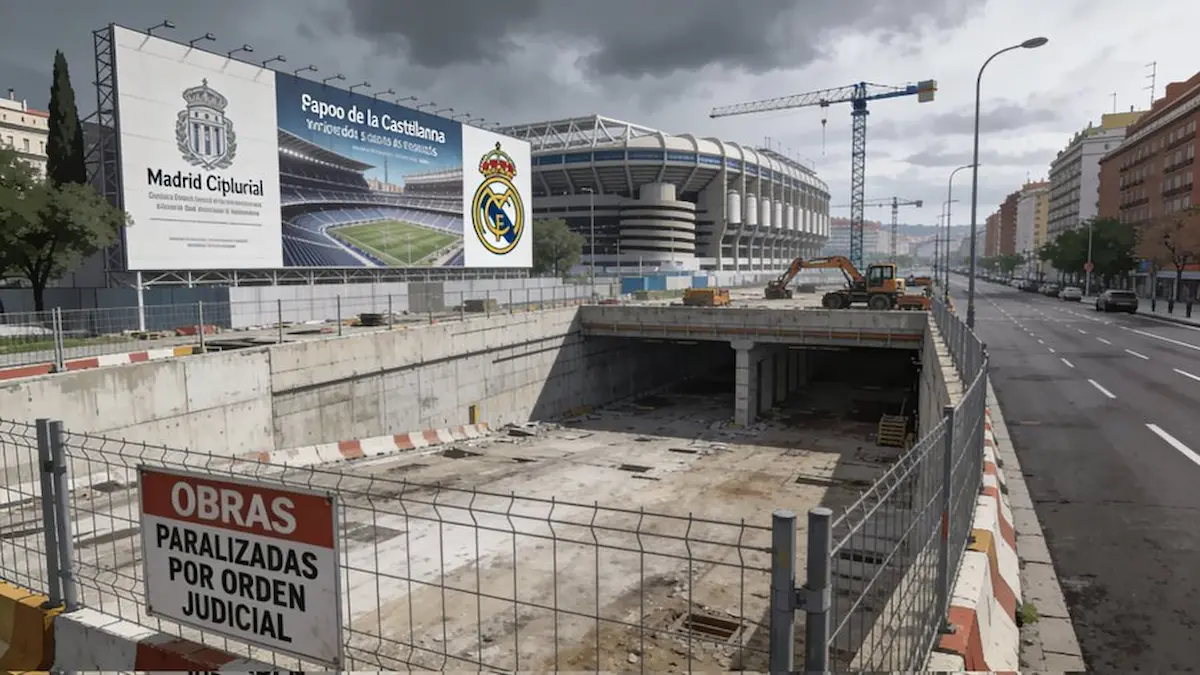 Obras del aparcamiento del Bernabéu paralizadas por orden judicial con un cartel que indica la paralización y el estadio Santiago Bernabéu al fondo en una imagen que ilustra la sentencia 62/2026 del TSJ de Madrid