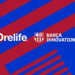 Logo de Drelife junto al logo del Barça Innovation Hub sobre fondo con los colores azulgrana del FC Barcelona