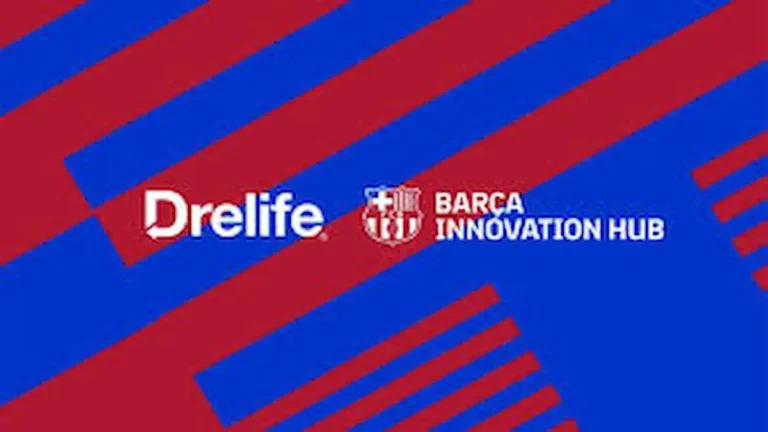 Logo de Drelife junto al logo del Barça Innovation Hub sobre fondo con los colores azulgrana del FC Barcelona