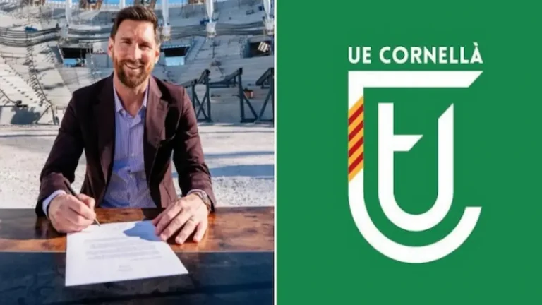 Lionel Messi firmando el acuerdo de adquisición de la UE Cornellà junto al escudo del club catalán