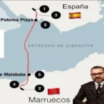Infografía del trazado del túnel ferroviario submarino entre Punta Paloma en España y Punta Malabata en Marruecos con el perfil del lecho marino y datos técnicos del proyecto