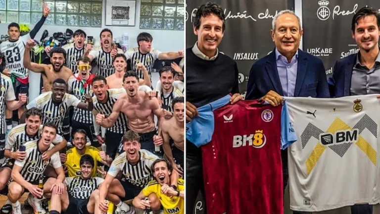 Jugadores del Real Unión celebrando el ascenso y Unai Emery posando con la directiva