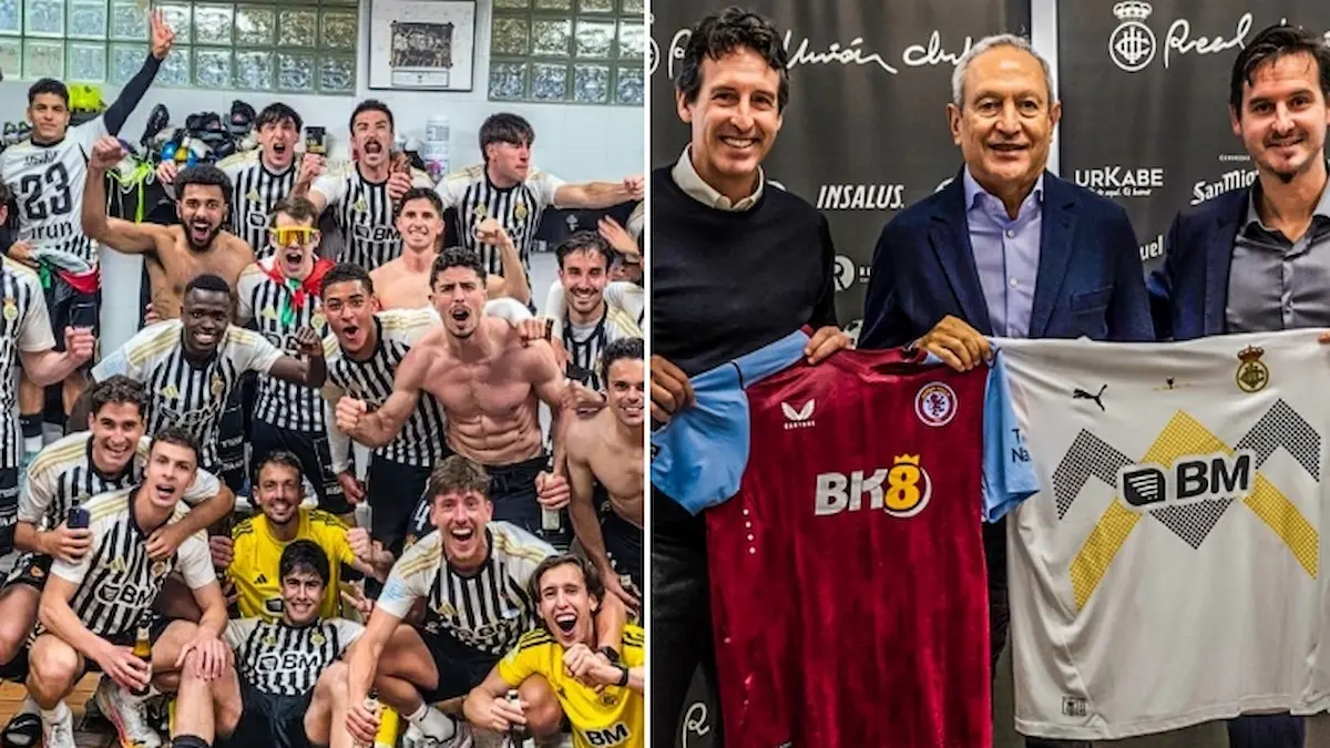 Jugadores del Real Unión celebrando el ascenso y Unai Emery posando con la directiva