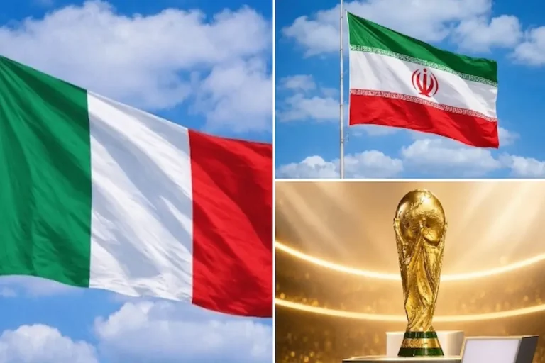 Trofeo de la Copa del Mundo junto a banderas de Italia e Irán Título imagen: copa-del-mundo-italia-iran-2026