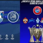 Escudo del FC Baltika Kaliningrado junto al logo de la UEFA y los trofeos de Champions League, Europa League y Conference League, con los escudos de los grandes clubes rusos al fondo