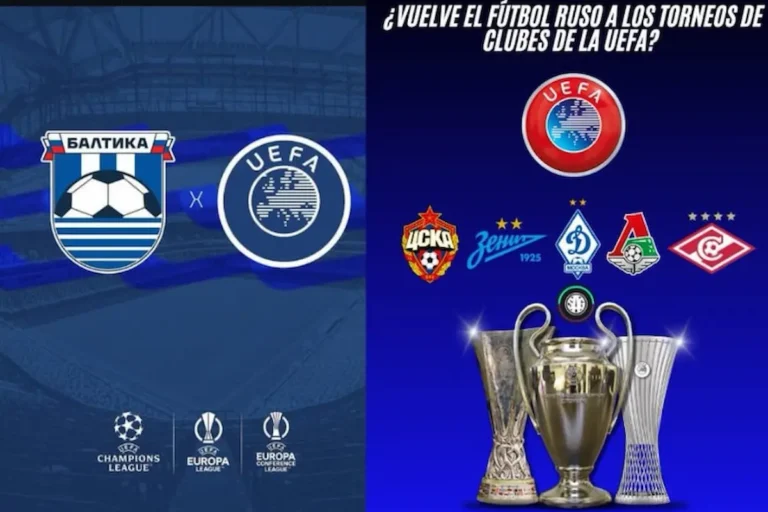 Escudo del FC Baltika Kaliningrado junto al logo de la UEFA y los trofeos de Champions League, Europa League y Conference League, con los escudos de los grandes clubes rusos al fondo
