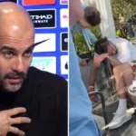 Pep Guardiola en rueda de prensa del Manchester City junto a una imagen de Jack Grealish dormido en una silla de un bar de Manchester rodeado de botellas