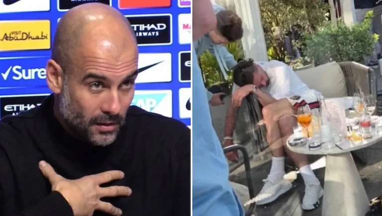 Pep Guardiola en rueda de prensa del Manchester City junto a una imagen de Jack Grealish dormido en una silla de un bar de Manchester rodeado de botellas