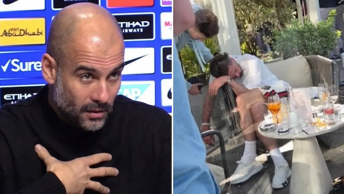 Pep Guardiola en rueda de prensa del Manchester City junto a una imagen de Jack Grealish dormido en una silla de un bar de Manchester rodeado de botellas
