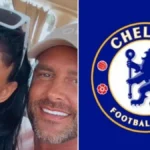 Lee Andrews y Katie Price en una foto juntos junto al escudo del Chelsea Football Club