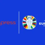 Logotipos de AliExpress y UEFA Euro 2024 Germany sobre un fondo azul corporativo.