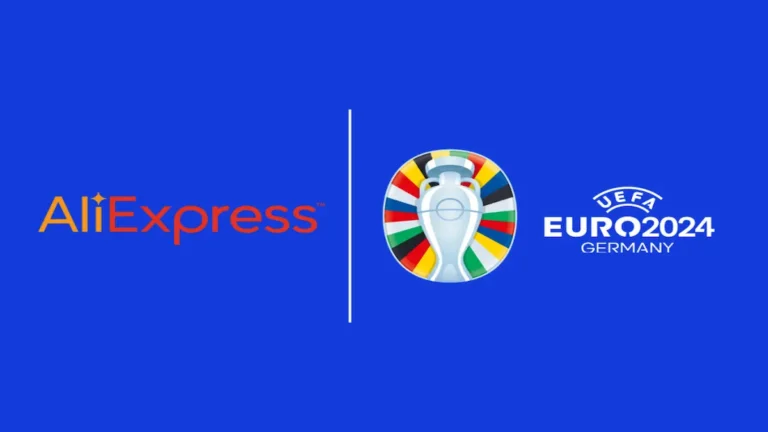 Logotipos de AliExpress y UEFA Euro 2024 Germany sobre un fondo azul corporativo.