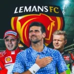Fotocomposición de Novak Djokovic, Felipe Massa y Kevin Magnussen frente al escudo del Le Mans FC en un estadio de fútbol