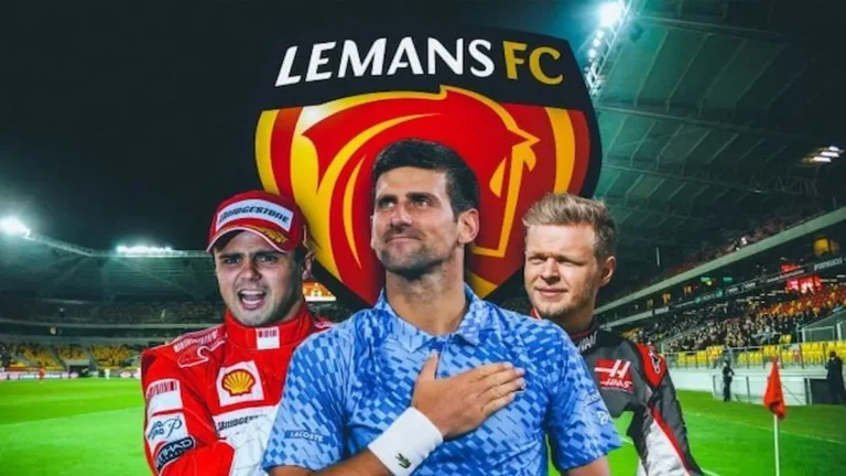 Fotocomposición de Novak Djokovic, Felipe Massa y Kevin Magnussen frente al escudo del Le Mans FC en un estadio de fútbol
