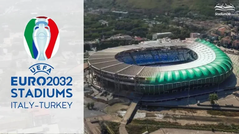 Logo de la UEFA Euro 2032 junto a una vista aérea de uno de los estadios previstos para el torneo en Italia o Turquía