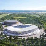 Render aéreo del complejo Bosco dello Sport del Venezia FC, con el nuevo estadio y el pabellón junto al aeropuerto Marco Polo de Venecia, rodeados de zonas verdes