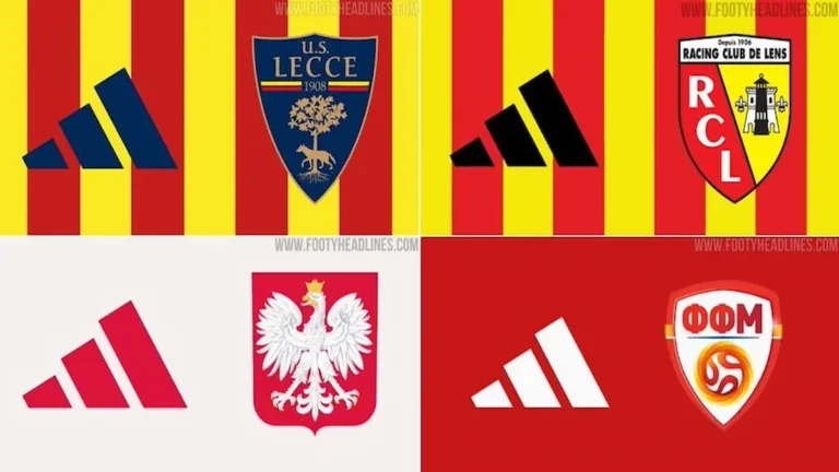 Camisetas de Adidas de cuatro clubes y selecciones con acuerdos recientes: US Lecce, RC Lens, selección de Polonia y selección de Macedonia del Norte