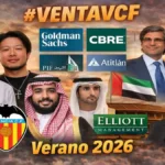 Composición con los posibles compradores del Valencia CF en el verano 2026: Peter Lim, PIF saudí, familia real de Dubái, Elliott Management, Goldman Sachs, CBRE y Atitlán