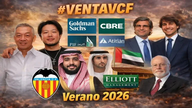 Composición con los posibles compradores del Valencia CF en el verano 2026: Peter Lim, PIF saudí, familia real de Dubái, Elliott Management, Goldman Sachs, CBRE y Atitlán