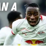 Yan Diomandé celebrando un gol con la camiseta del RB Leipzig en la Bundesliga con la leyenda "Plan A"
