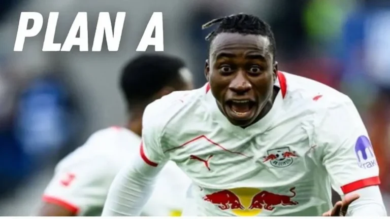 Yan Diomandé celebrando un gol con la camiseta del RB Leipzig en la Bundesliga con la leyenda "Plan A"