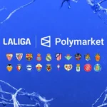 Captura de pantalla de la plataforma Polymarket mostrando el mercado de predicción del campeón de LALIGA con volumen en USDC.