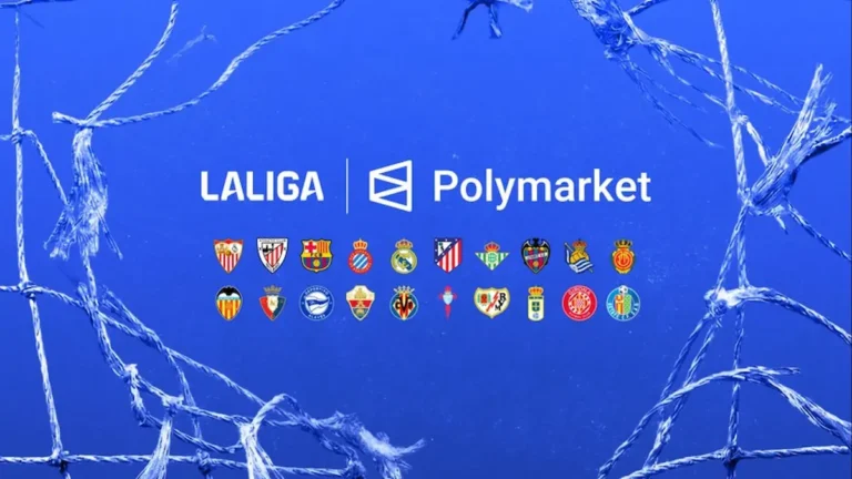 Captura de pantalla de la plataforma Polymarket mostrando el mercado de predicción del campeón de LALIGA con volumen en USDC.