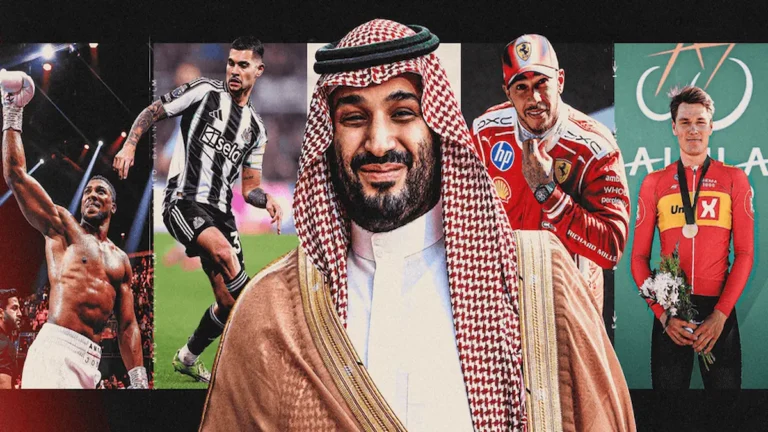 Mohammed bin Salman rodeado de imágenes de deportes financiados por el PIF: boxeo, fútbol, Fórmula 1 y ciclismo
