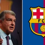 Joan Laporta, presidente del FC Barcelona, junto al escudo azulgrana en una rueda de prensa oficial del club