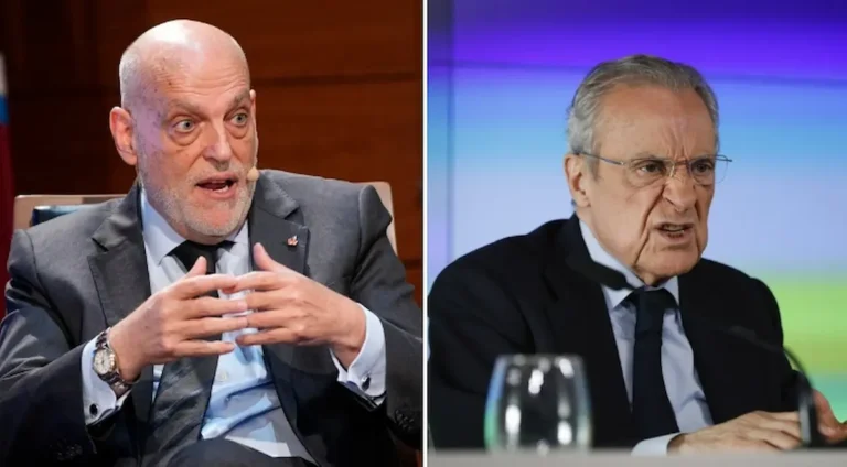 Javier Tebas, presidente de LaLiga, y Florentino Pérez, presidente del Real Madrid, representan dos modelos opuestos de gestión del fútbol español: el modelo centralizado de la liga frente al modelo de marca global del club más laureado de Europa
