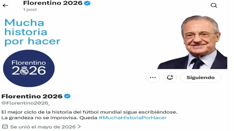 Captura de la cuenta de campaña @Florentino2026_ en X con el lema "Mucha historia por hacer" y la imagen del presidente del Real Madrid, suspendida por la plataforma a los pocos minutos de su creación el 26 de mayo de 2026