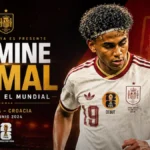Lamine Yamal con la camiseta de la selección española y el parche de debut del Mundial 2026 de la FIFA