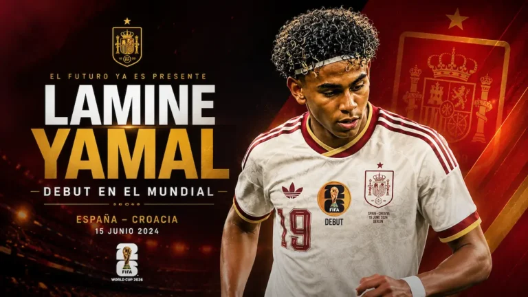 Lamine Yamal con la camiseta de la selección española y el parche de debut del Mundial 2026 de la FIFA