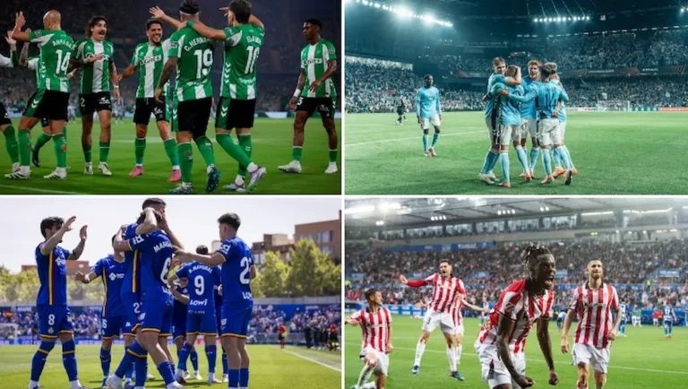 Gráfico de barras que muestra las probabilidades de clasificación a la Champions League 2024-2025 según un modelo Montecarlo con 20.000 simulaciones: Real Betis 99.99%, Celta 85.56%, Getafe 41.09%, Athletic Club 29.58%, Rayo Vallecano 11.01%, Osasuna 10.43%, Espanyol 0.66%.