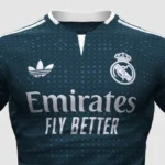 Camiseta visitante del Real Madrid 2026-27 en color verde oscuro Aurora Ivy con patrón geométrico y logo Trefoil de Adidas.