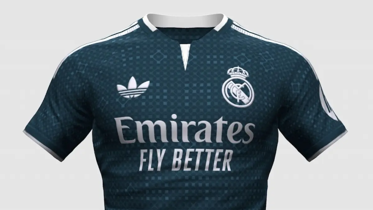 Camiseta visitante del Real Madrid 2026-27 en color verde oscuro Aurora Ivy con patrón geométrico y logo Trefoil de Adidas.