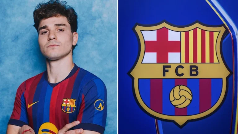 Pau Cubarsí posa con la camiseta del FC Barcelona junto al escudo azulgrana