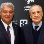 Joan Laporta y Florentino Pérez posan juntos ante el logo de la Federación Saudí de Fútbol en un acto en Arabia Saudí