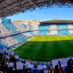 Panorámica interior de La Rosaleda con la grada llena de tifo blanquiazul antes de un partido del Málaga CF