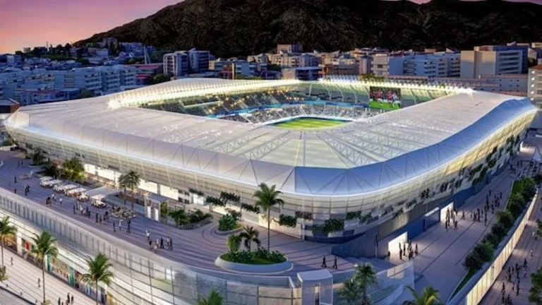 Render del nuevo estadio del Marbella CF con capacidad para 10.000 espectadores y zona comercial integrada