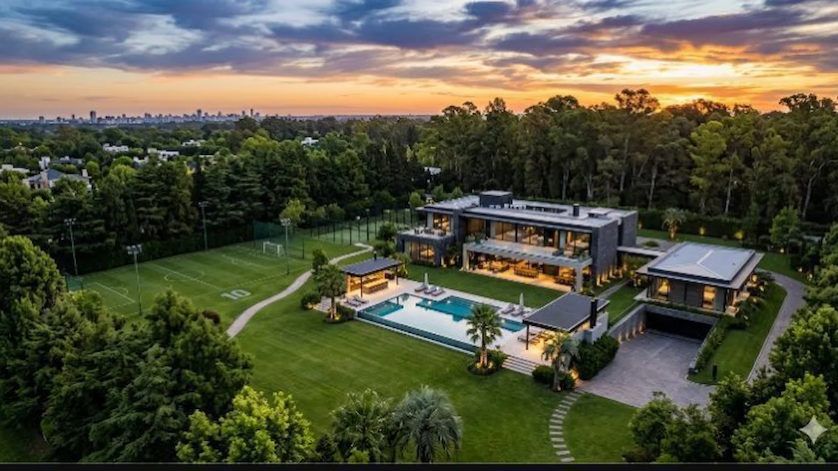 Vista aérea de una mansión de lujo con piscina, campo de fútbol y jardines al atardecer