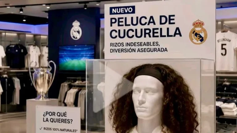 Montaje viral de una peluca rizada de Cucurella expuesta en la Tienda Oficial del Real Madrid a 29,99 euros