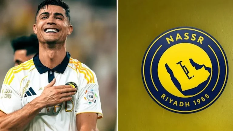 Cristiano Ronaldo celebra un gol con la camiseta del Al Nassr junto al escudo oficial del club fundado en Riad en 1955