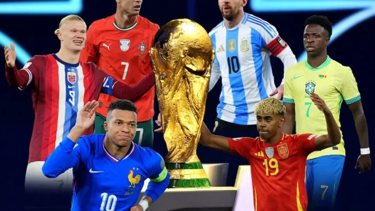 Haaland, Cristiano Ronaldo, Mbappé, Messi, Lamine Yamal y Vinícius Jr. rodeando el trofeo del Mundial 2026