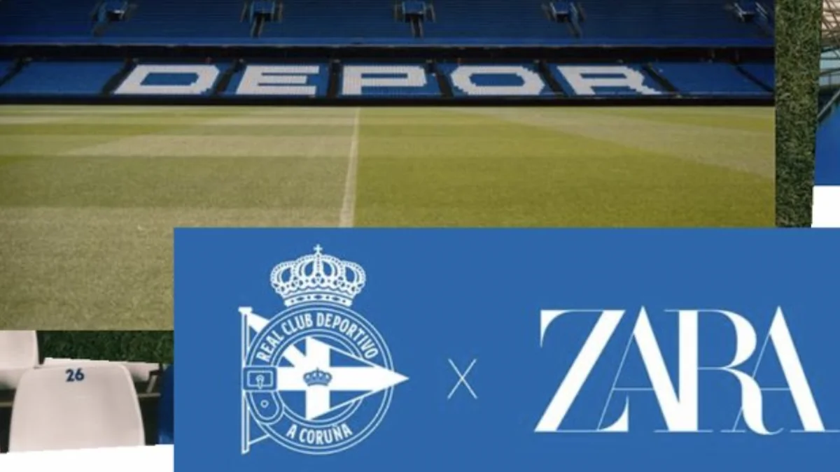 Composición con el panorámico de Riazor con DEPOR en gradas y el lockup azul del nuevo escudo del Deportivo de A Coruña junto al logo de Zara