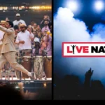 Cartel de Live Nation entre nubes de humo azul en un concierto, junto a una imagen de artista en directo