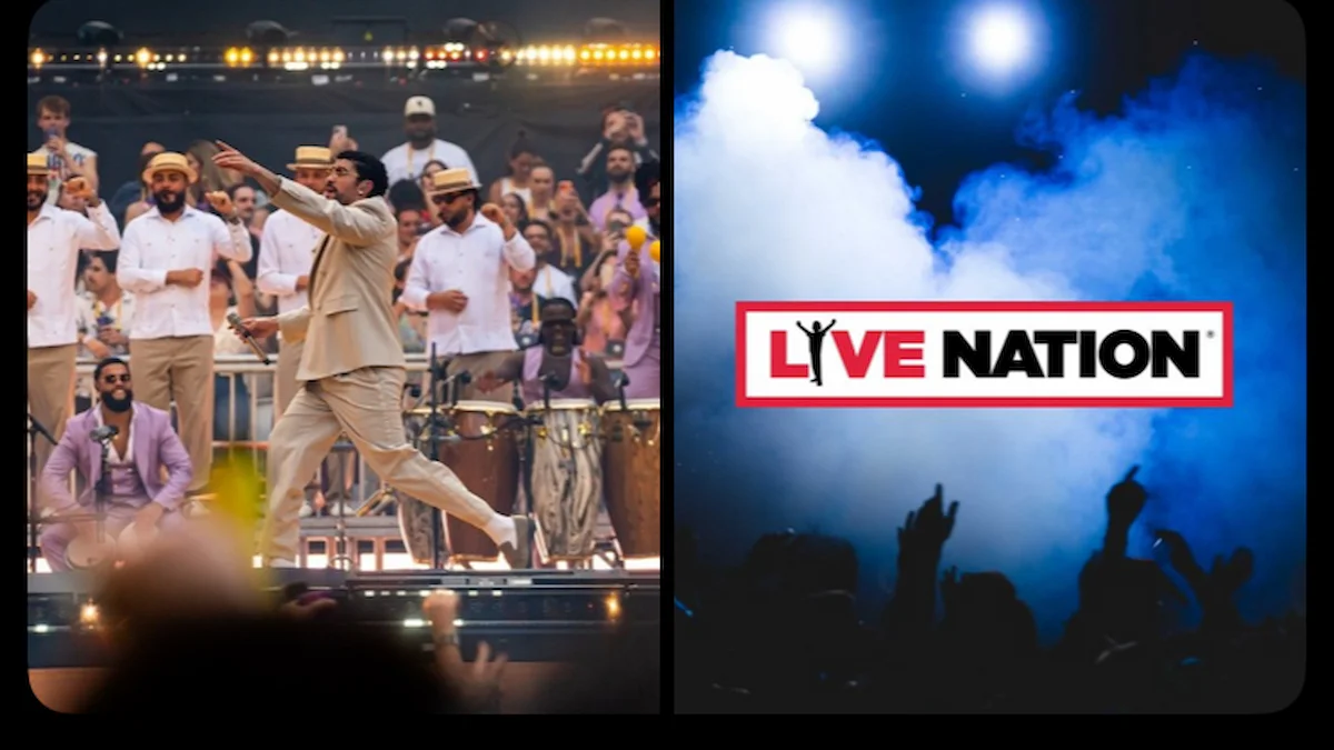 Cartel de Live Nation entre nubes de humo azul en un concierto, junto a una imagen de artista en directo
